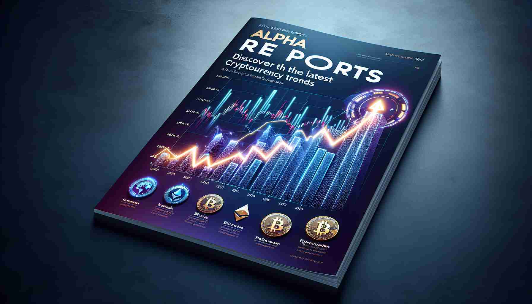 Realistic high definition image of the front cover of a fictional financial trends report named 'Alpha Reports' focusing on the newest trends in cryptocurrency. The cover should showcase a dynamic bar graph displaying upward trends and a variety of cryptocurrencies symbols such as Bitcoin and Ethereum. Add a striking headline that says 'Discover the Latest Cryptocurrency Trends'. The color scheme should be bold and professional, suggesting the serious and cutting edge nature of the report's content.