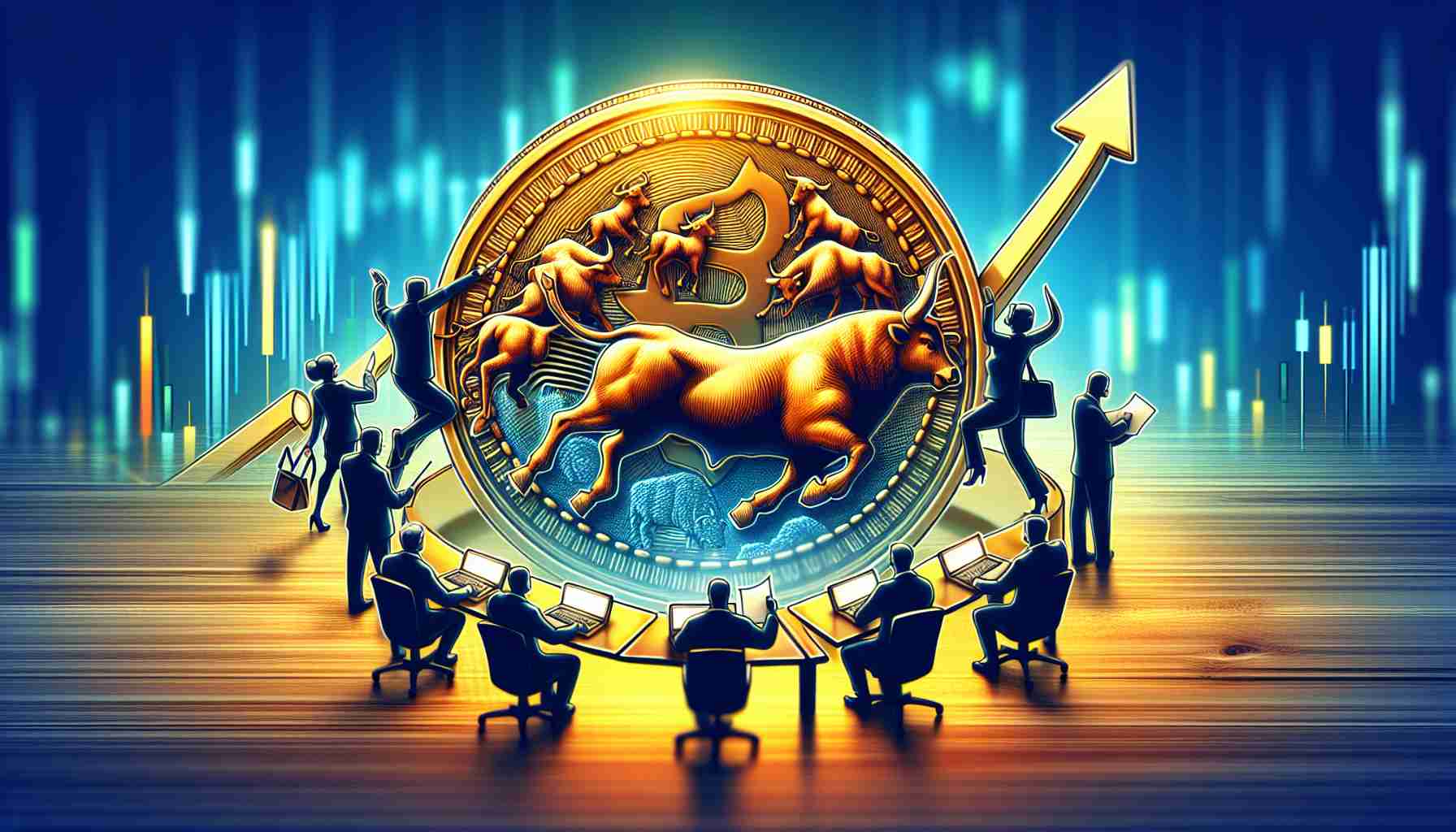 An interpretive depiction of a business scenario where a bullish group, represented symbolically as a group of advancing bulls, is acquiring a well-known company involved in cryptocurrency media, symbolized by a golden coin inscribed with the word 'Desk'. Make sure the image emulates an HD photo with a high level of detail and realism.