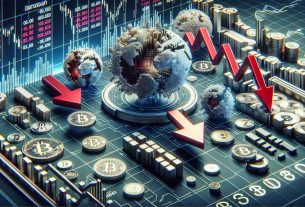 High definition, hyper-realistic image of a conceptual representation showing the liquidity crunch and selling trends impacting the crypto market. Depict an intricate chart with down-pointing arrows, bar graphs, and line graphs. Show various cryptocurrencies as spherical graphical elements showing signs of compression, representing liquidity crunch. The background should be an electronic board showing numeric market figures, with red color prominently showing a downward trend.