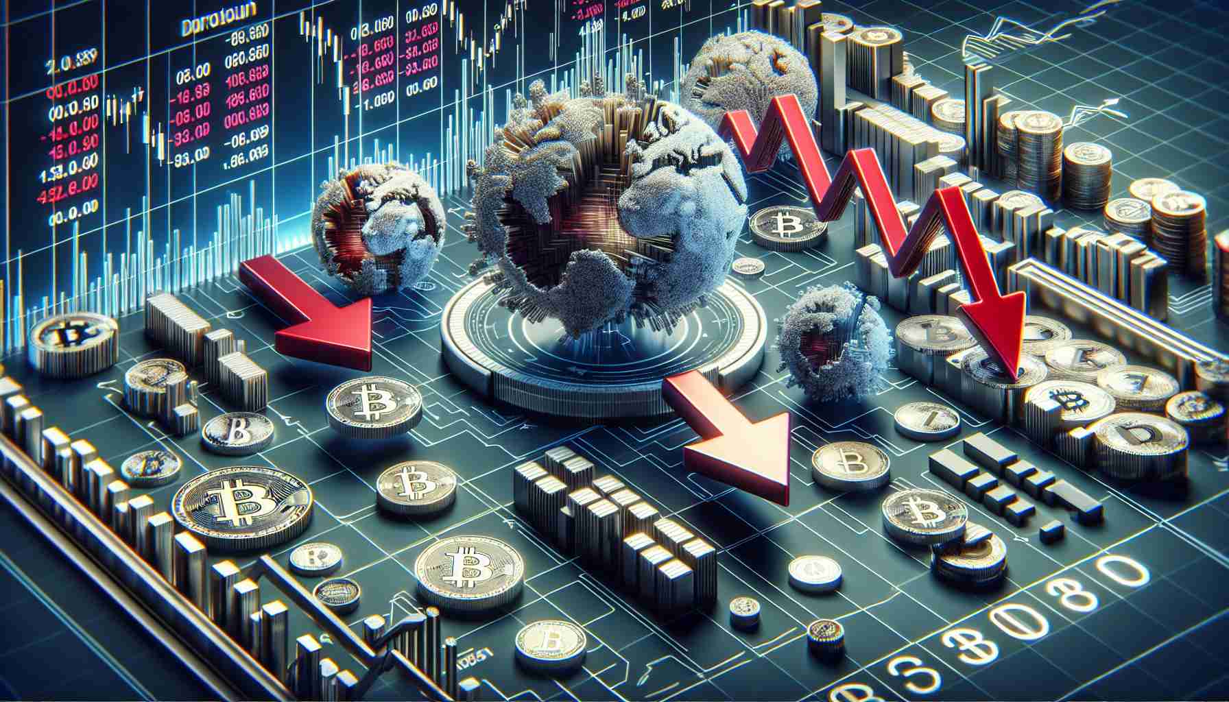 High definition, hyper-realistic image of a conceptual representation showing the liquidity crunch and selling trends impacting the crypto market. Depict an intricate chart with down-pointing arrows, bar graphs, and line graphs. Show various cryptocurrencies as spherical graphical elements showing signs of compression, representing liquidity crunch. The background should be an electronic board showing numeric market figures, with red color prominently showing a downward trend.