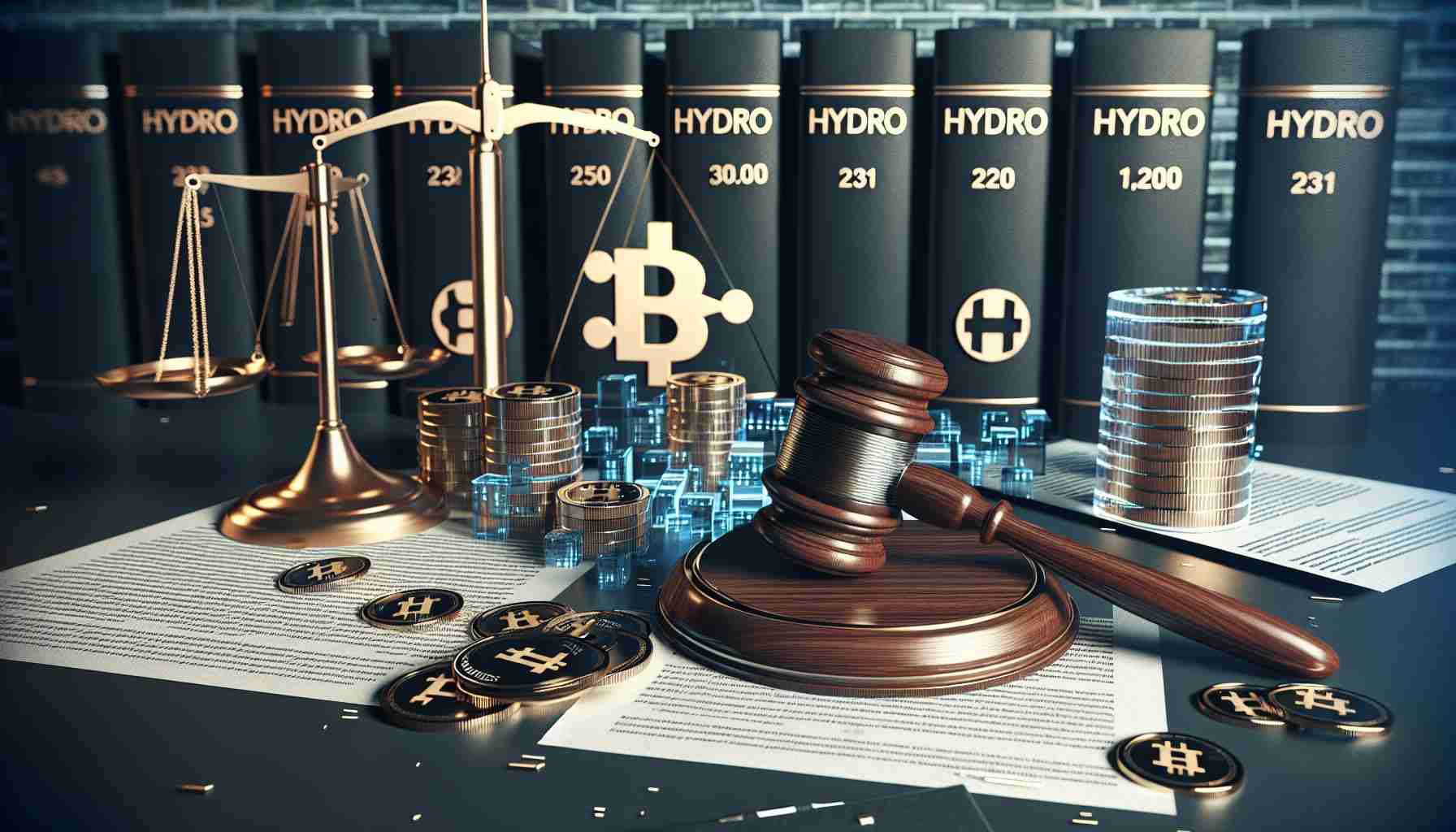 A realistic high-definition imagery of a significant court decision pertaining to fraud in a generic digital currency modeled similarly to HYDRO. It signifies a pivotal point in the context of digital currency scams. The image could include symbolic elements like a gavel, legal documents, digital currency symbols (but not copyrighted logos), and potentially a court building.