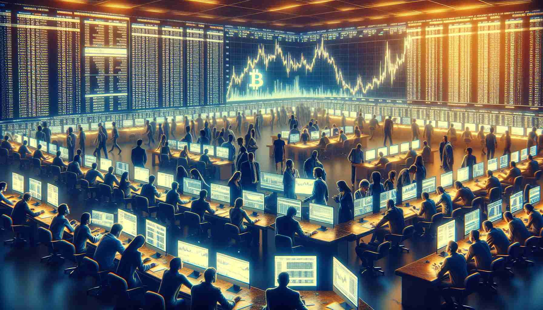 A highly detailed, high-definition image showing a flurry of activity at a Bitcoin exchange. The scene includes people of various descents and genders involved in trading activities, with large screens in the background displaying real-time market data. The overall ambiance is one of intense concentration, as the traders negotiate and analyze the changes in Bitcoin values and the possible impact it might have on the market dynamics.