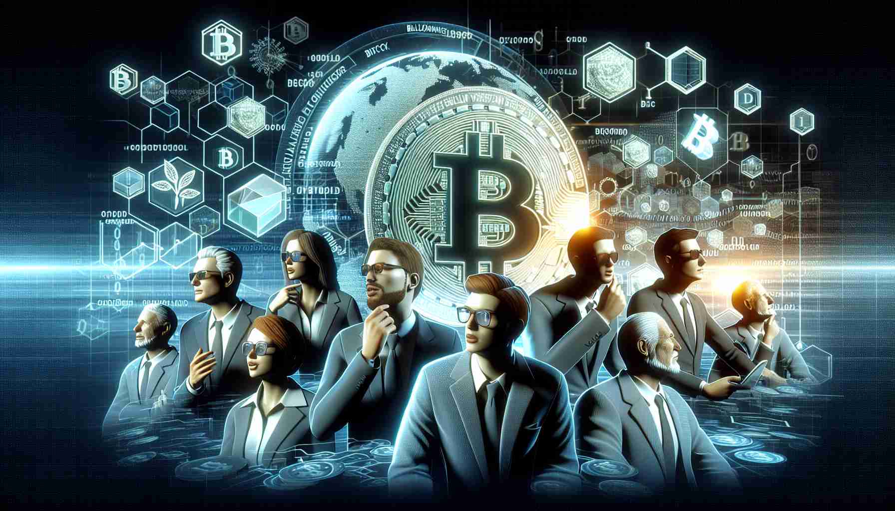 A hyper-realistic, high-definition graphic representation of the concept of Bitcoin's digital scarcity. This should be depicted through key symbols associated with cryptocurrency, such as a bitcoin logo, digital binary code, and cryptographic puzzles. Additionally, depict a group of tech billionaires shown intrigued and deeply engaged with this concept. Ensure they are portrayed as diversified figures reflecting different genders and descents, such as Caucasian, Hispanic, and Middle-Eastern. They should not be recognisable real individuals, but rather archetypal figures representing the tech billionaire persona.