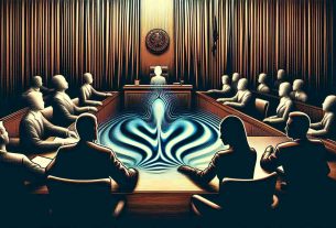 Create a realistic, high-definition illustration representing the theme of 'court battles'. This should take the form of a formal courtroom setting, perhaps with silhouettes of legal professionals engaged in a debate. To depict the 'Ripple' aspect, incorporate an abstract design of ripples spreading outwards. And for the 'XRP Status', imagine an element within the setting (perhaps mounted on a wall, or appearing as a document) being symbolized as 'XRP'. The mood of the image should match the intensity and seriousness of a legal dispute.