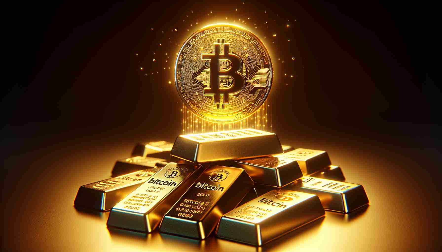 A high-definition, realistic image representing the concept of digital gold outclassing traditional bullion. It shows Bitcoin, symbolized by a golden, digital-themed coin glowing with binary digits, levitating above a pile of dull, conventional gold bullion bars. Bitcoin's radiance and captivating allure outshine the lackluster gleam of the traditional gold.