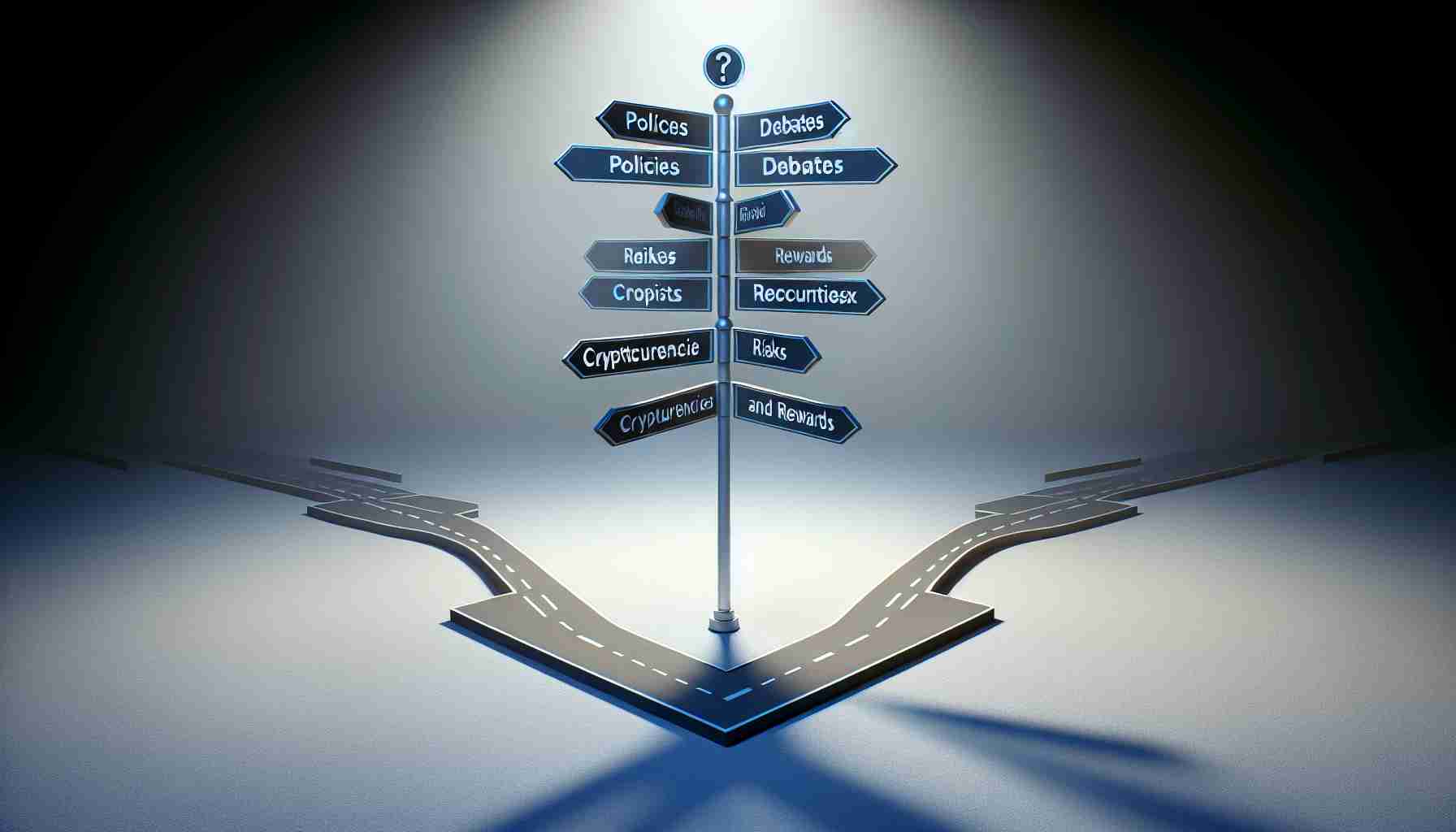 A realistic, high definition visualization of a symbolic crossroad representing the critical decision making on cryptocurrencies. The road signs at the crossroads displaying different topics such as policies, debates, risks, and rewards associated with cryptocurrencies. The setting should be under a spotlight to imply scrutiny and importance during an election campaign, without any specific politician or public figure.