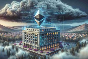 Realistically detailed image of an Ethereum-based software firm, depicted as an architectural structure symbolizing resilience, in the background of a stormy legal battlefield. The cloud-filled sky carries the words 'Regulatory Clarity' to signify the ongoing legal challenge. Add subtle elements of digital code and blockchain technology as trimmings on the building structure to represent its link with Ethereum.