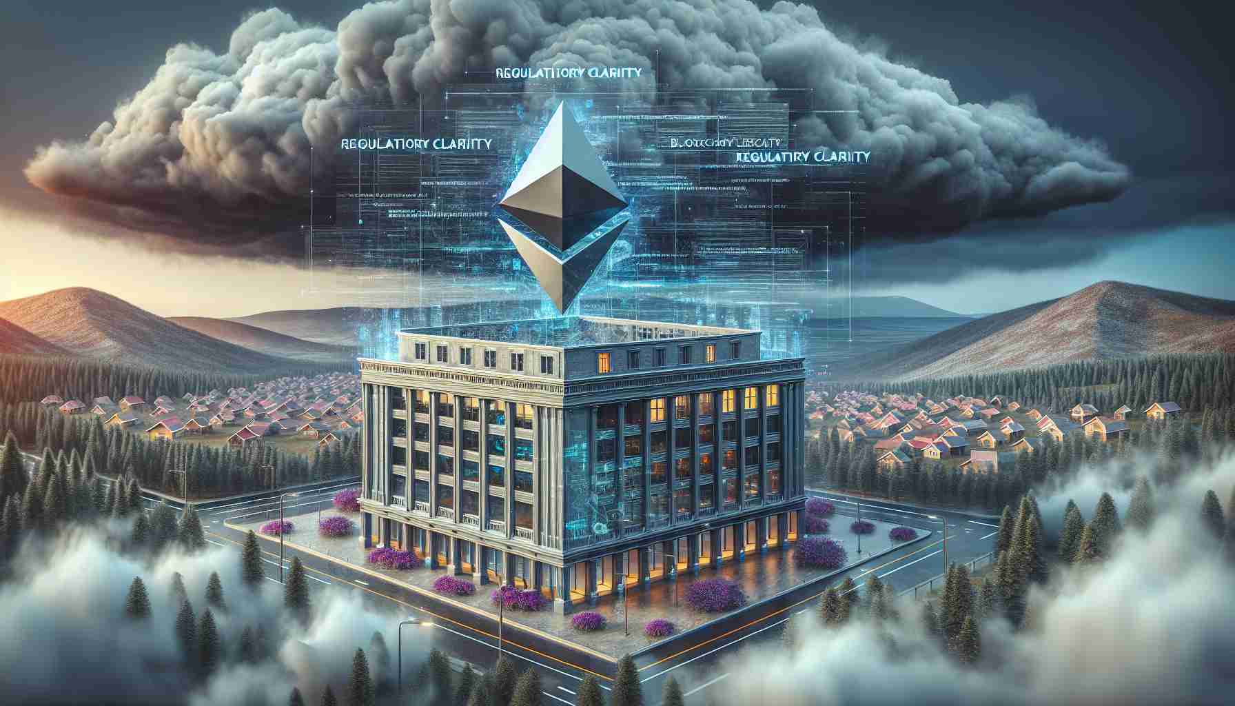 Realistically detailed image of an Ethereum-based software firm, depicted as an architectural structure symbolizing resilience, in the background of a stormy legal battlefield. The cloud-filled sky carries the words 'Regulatory Clarity' to signify the ongoing legal challenge. Add subtle elements of digital code and blockchain technology as trimmings on the building structure to represent its link with Ethereum.