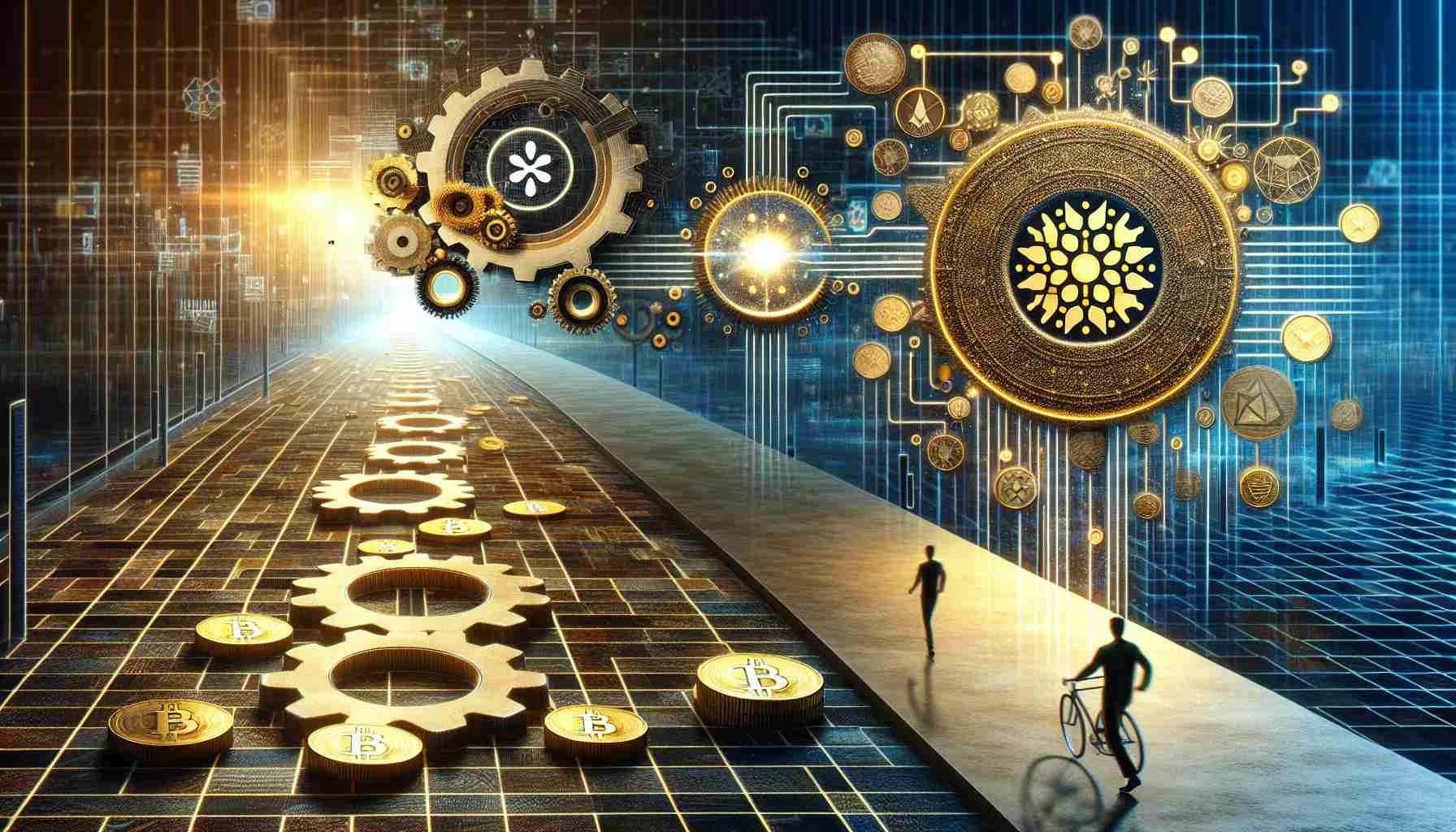 A high-definition, realistic image representing the concept of a large, community-led innovation in cryptocurrency. The scene includes a visual metaphor of 'paving the way', represented by a path brimming with symbolic elements such as gears and digital patterns. Additionally, include an indication of a large treasury fund transfer, as seen by a visually striking, golden depiction of the figure '$682 Million.' The allusion to Cardano could be an artistic and abstract representation of blockchain patterns in the background.