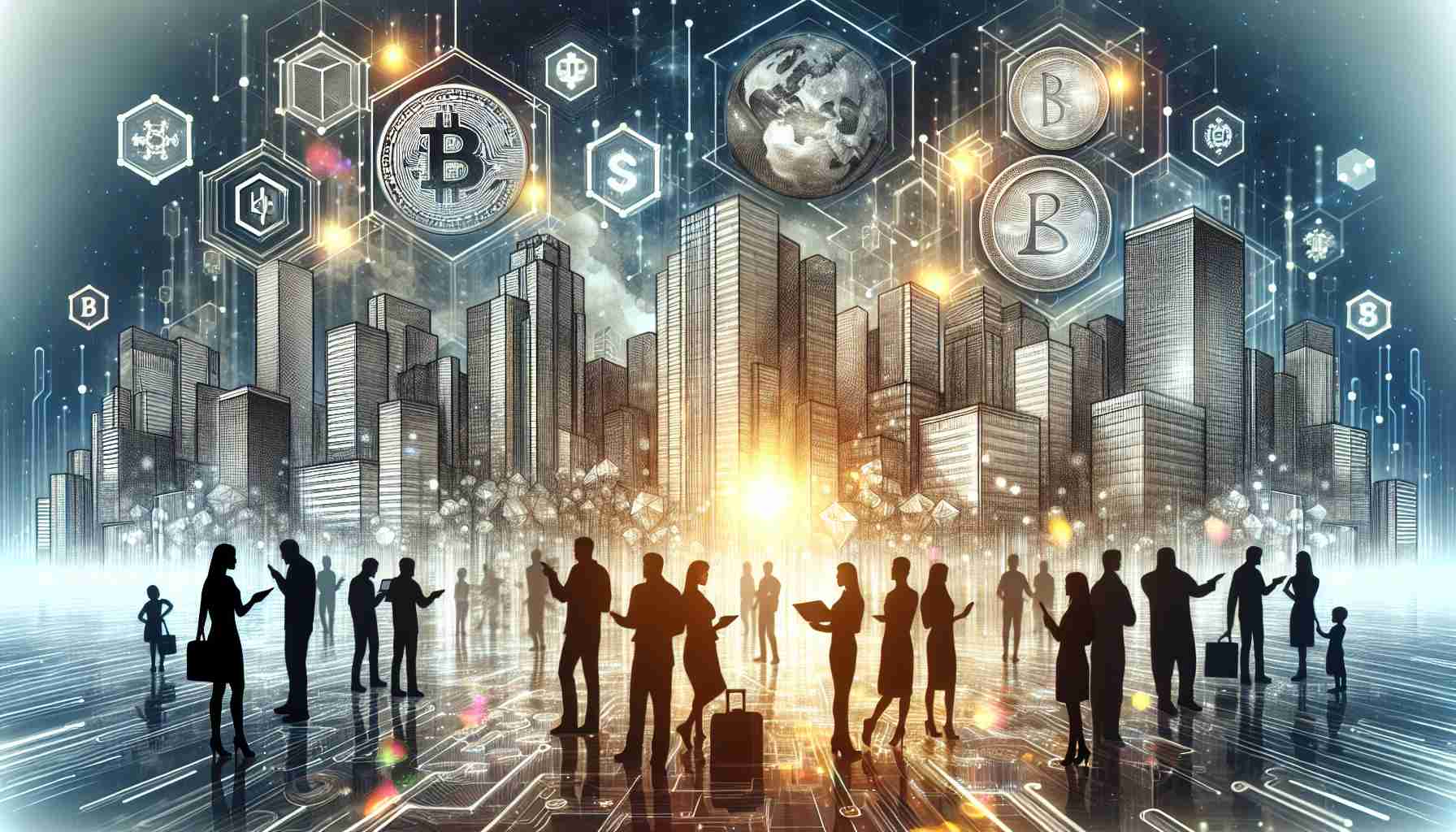 Create a detailed and high definition image showing the concept of an emerging financial landscape. It should depict the potential of digital currencies in an imaginative way: possibly with elements like futuristic city skylines, digital currency symbols, abstract representations of blockchain technology, and people of various genders and descents interacting with digital platforms. Please avoid a monochrome color scheme and favor vibrant colors capturing the dynamism of the digital space.