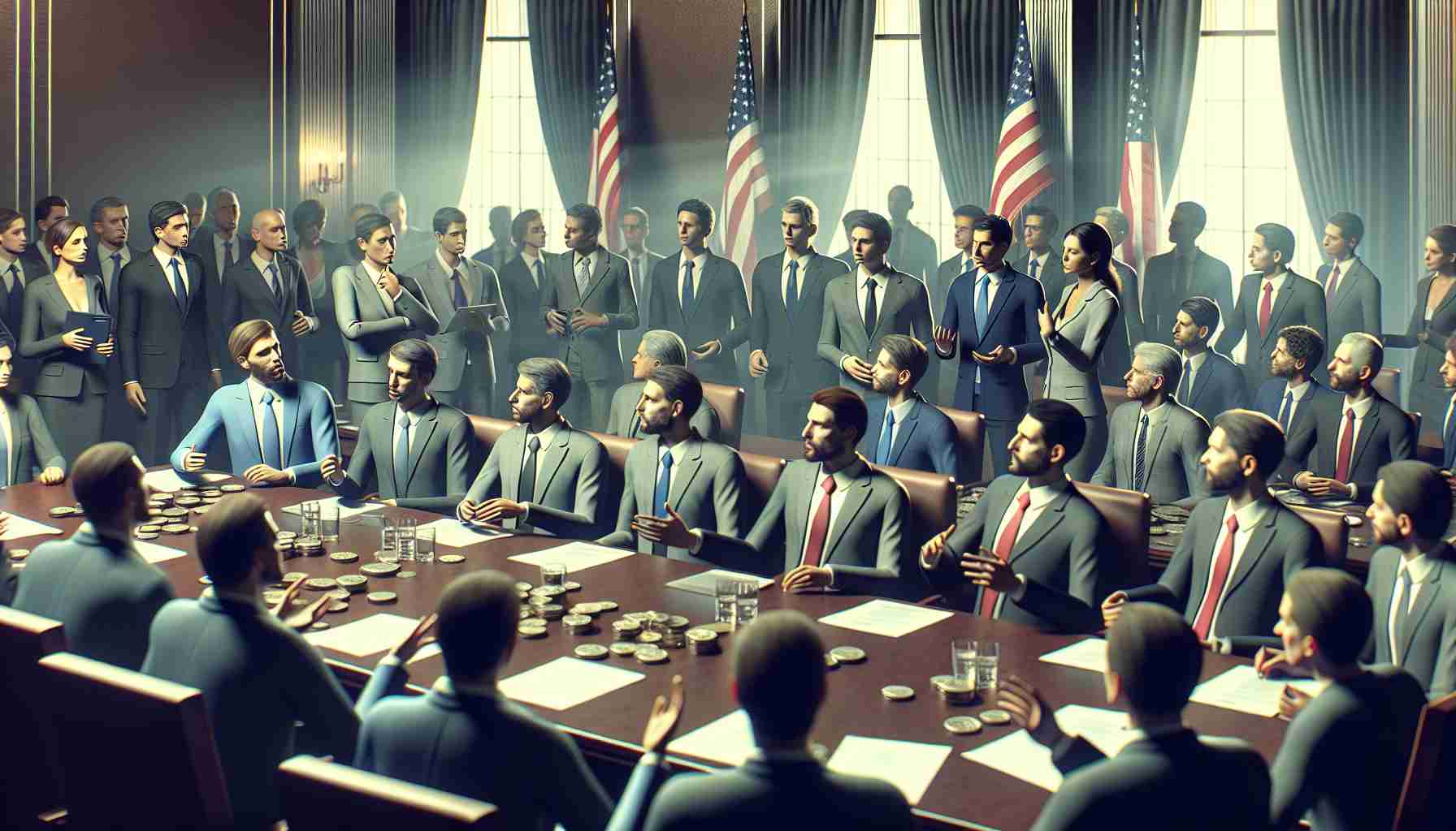 Realistic HD image of a significant discussion about cryptocurrency policy emerging as a dominant topic in debates among unnamed politicians in the United States. The scene highlights the seriousness of such debates with a crowded room, intense facial expressions, and various professionals passionately discussing the topic.