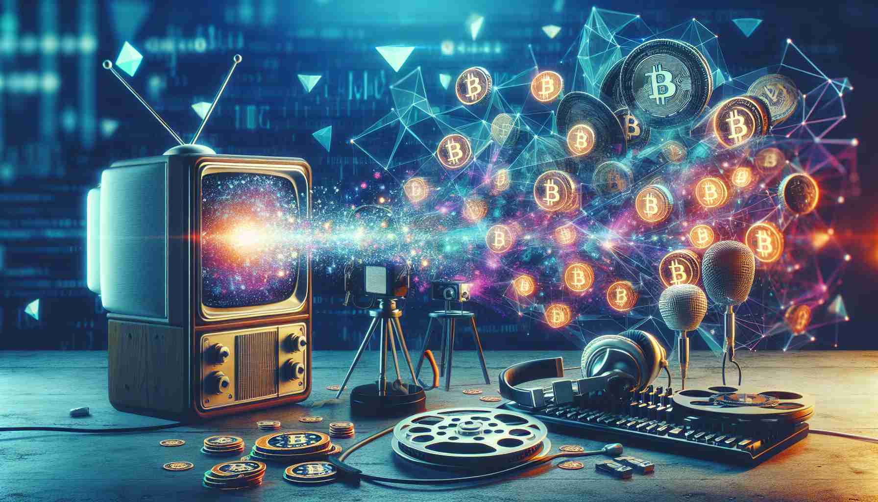 Create an image illustrating a blockchain innovation. This is in the context of a hypothetical partnership between a cutting-edge technology lab and a major media company. The focus should be on heightened fan engagement. Display visual signs of the blockchain technology, possibly a dazzling stream of digital data or cryptographic codes, meeting with elements of the media world, like a retro television set, headphones, and film reels. Please note that the branding or explicit logos of any real-world entities should not be included. All references are to be kept abstract.