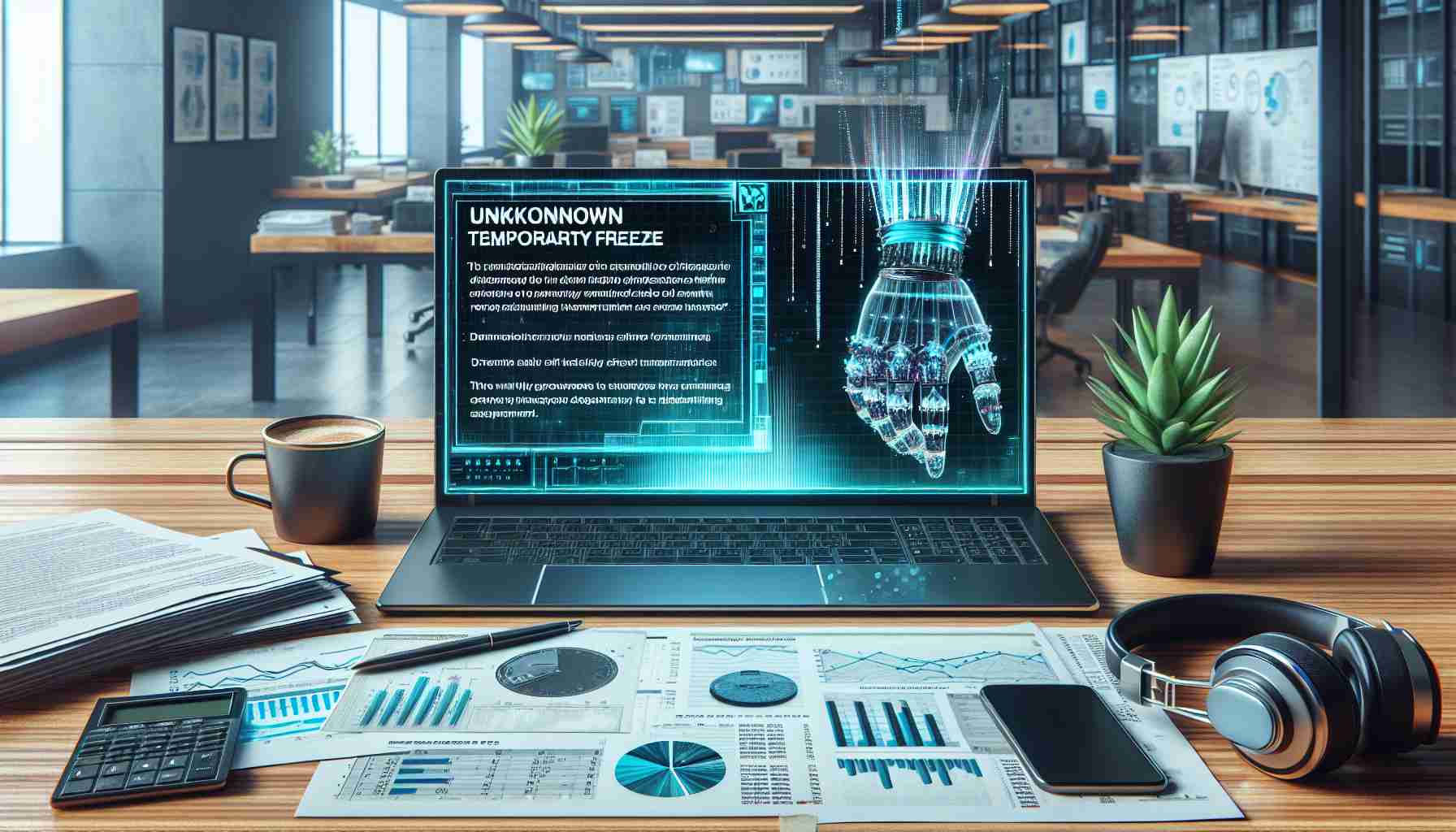 A hyper-realistic, high-definition image depicting a scenario of unravelling the unknown temporary freeze of a fictional investment ratings account. The image features a digital screen showing an email with the notification of the suspension. The background includes office-like decor with various financial reports, charts, and graphs spread on a wooden desk, and a cup of coffee off to the side.