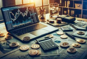 An image portraying a table covered with financial charts, stock market reports, and an opened cryptocurrency company website on a laptop screen. In the foreground, you can see a few bitcoins and a calculator. The ambiance suggests that the owner of this desk setup is a savvy investor who had invested in Bitcoin six years ago and is now potentially seeking massive profit. The investor's identity remains a mystery as there are no personal belongings or photographs visible in the scene.