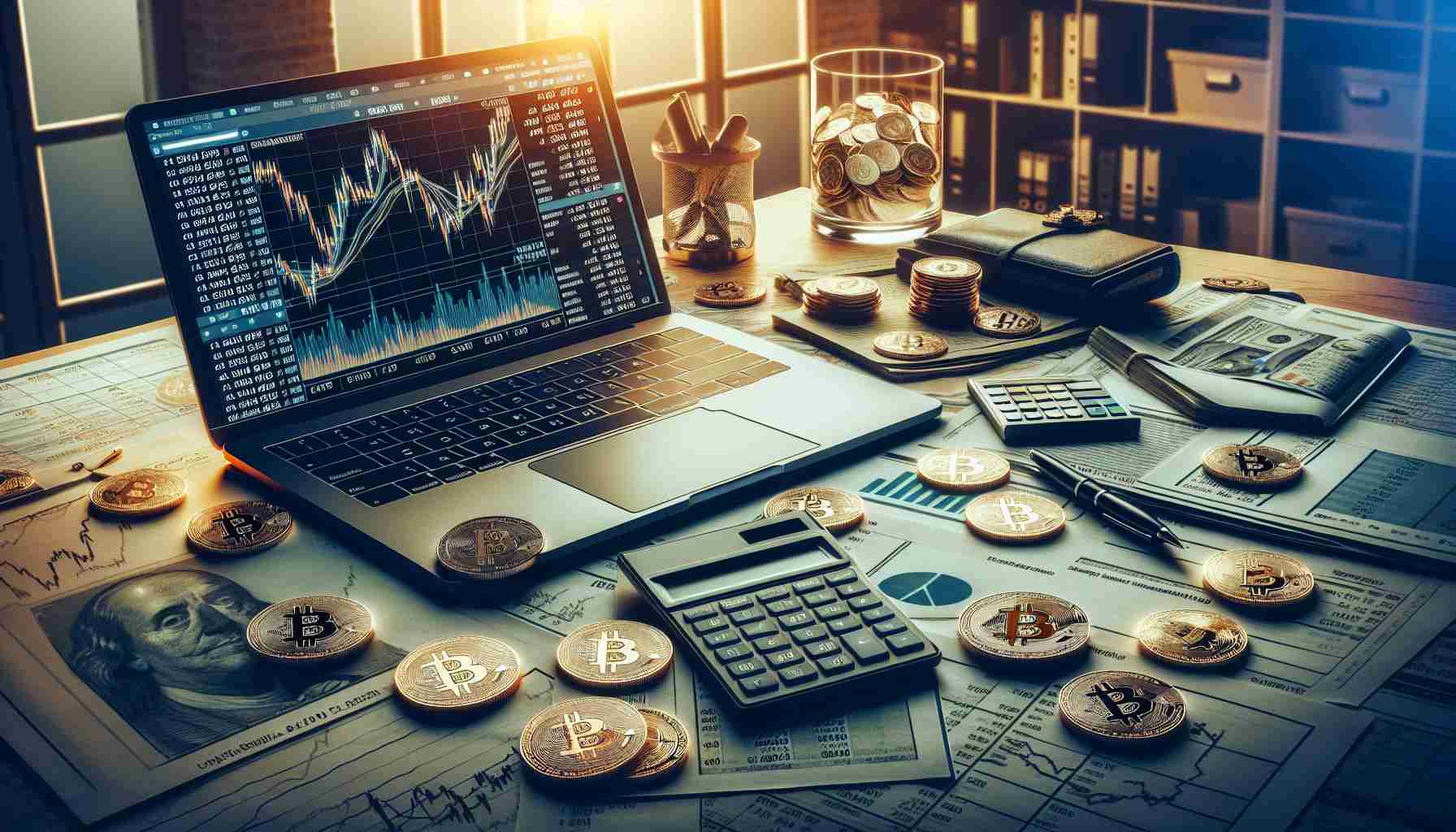 An image portraying a table covered with financial charts, stock market reports, and an opened cryptocurrency company website on a laptop screen. In the foreground, you can see a few bitcoins and a calculator. The ambiance suggests that the owner of this desk setup is a savvy investor who had invested in Bitcoin six years ago and is now potentially seeking massive profit. The investor's identity remains a mystery as there are no personal belongings or photographs visible in the scene.