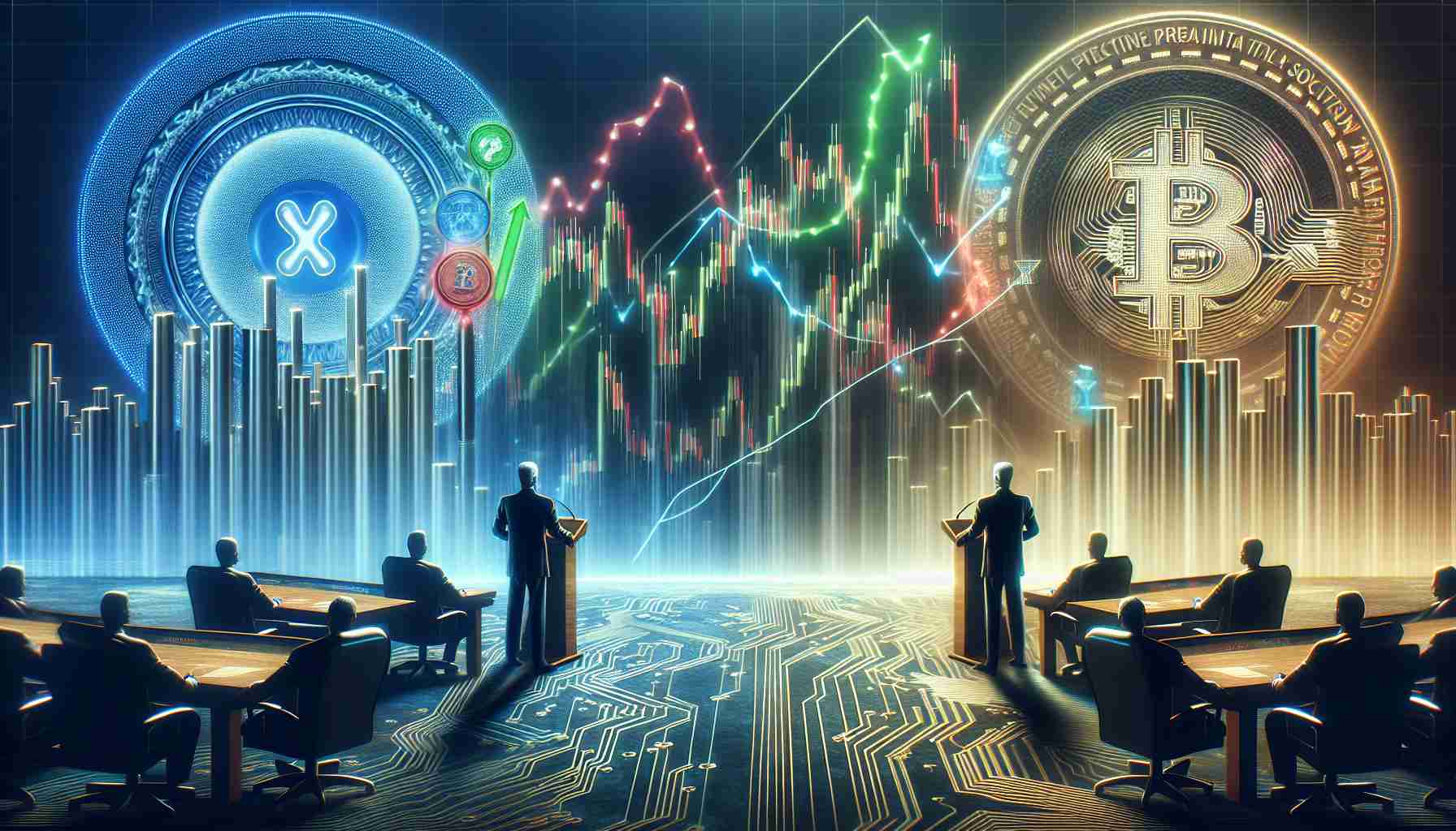 An image illustrating the concept of anticipation for the growth of a hypothetical cryptocurrency named XRP, potentially affected by an upcoming debate between two fictional politicians. The image should be in a realistic, high-definition style. Perhaps visualize this as a stock market chart with projected trends and indicators in a positive light, or some symbolic representation of growth and positivity.