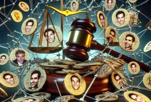 A high-definition, realistic image visualizing the emerging legal challenges involved in the trend of celebrity-inspired meme cryptocurrencies. The image should prominently feature symbols of law, such as a gavel and balance scales, entangled in a network of blockchains. Also included are representations of generic meme coins, adorned with caricatured, unidentified faces rather than specific celebrities, indicating the celebrity influence over these digital currencies. The overall tone of the image should portray a chaotic and confusing state of affairs.