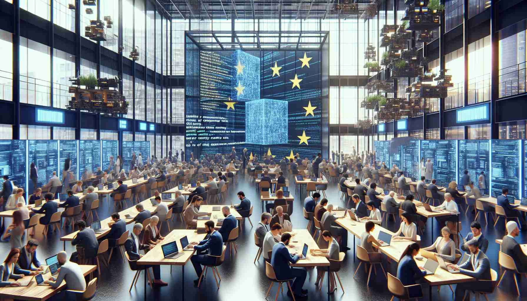 AHyper-realistic, high-definition image portraying a conceptualized European Union Innovation Hub. The hub is bustling with activity and filled with people of diverse descents such as Caucasian, Hispanic, Black, Middle-Eastern, and South Asian, all working diligently. Some are engrossed in their laptops while others huddle for discussions. On a large screen in the background, intricate coding and complex diagrams are being displayed, symbolizing the examination of encryption's role in digital currency security. The ambiance is tech-forward and collaborative, indicating the innovative nature of this hub.