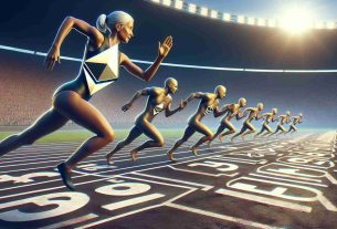 Create a realistic HD image depicting the metaphorical concept of the cryptocurrency Ethereum outpacing others in a race. Show a stylized 'E' logo for Ethereum in human-like form, European descent and female. Make the terrain resemble a racetrack with marked lanes. Let others be represented by subtle logo-inspired designs, all in human-like forms of different descents (Hispanic, Middle-Eastern, South Asian, Black). All runners are male and female equally and less advanced in the race. Fill the background with cheering crowds holding banners, digital scoreboards, and dramatic lighting.