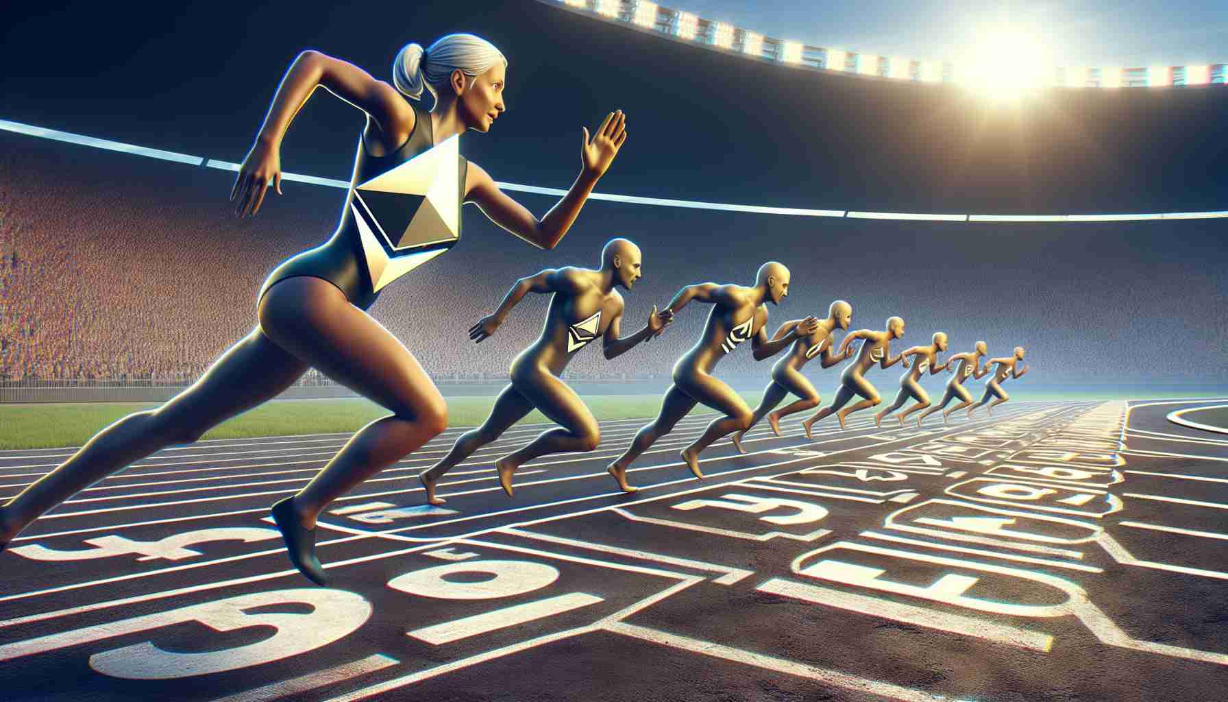 Create a realistic HD image depicting the metaphorical concept of the cryptocurrency Ethereum outpacing others in a race. Show a stylized 'E' logo for Ethereum in human-like form, European descent and female. Make the terrain resemble a racetrack with marked lanes. Let others be represented by subtle logo-inspired designs, all in human-like forms of different descents (Hispanic, Middle-Eastern, South Asian, Black). All runners are male and female equally and less advanced in the race. Fill the background with cheering crowds holding banners, digital scoreboards, and dramatic lighting.