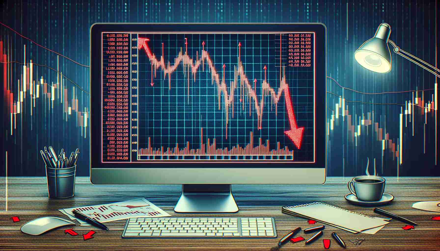 Generate a high-resolution, realistic image of a computer screen displaying a cryptocurrency market downturn. It should show a declining graph with diminishing bars on the screen, particularly emphasizing the decline in Bitcoin value. Illustrate this with red arrows pointing downwards and numbers in red to depict the falling values. Ensure the surrounding area of the computer screen captures the tension or stress associated with such a market event, perhaps with hastily scribbled notes and a cup of coffee suggesting long working hours.