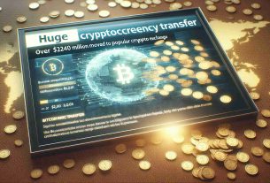 An image of a digital screen displaying a news headline that reads 'Huge Cryptocurrency Transfer, Over $240 Million Moved to Popular Crypto Exchange.' The screen also shows a background visual of a pile of gold coins transforming into digital bits, symbolizing a bitcoin transfer process.