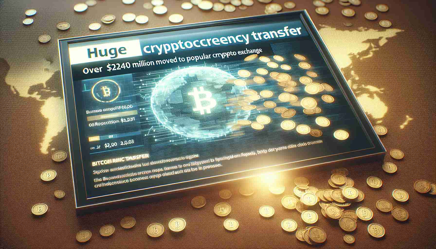 An image of a digital screen displaying a news headline that reads 'Huge Cryptocurrency Transfer, Over $240 Million Moved to Popular Crypto Exchange.' The screen also shows a background visual of a pile of gold coins transforming into digital bits, symbolizing a bitcoin transfer process.