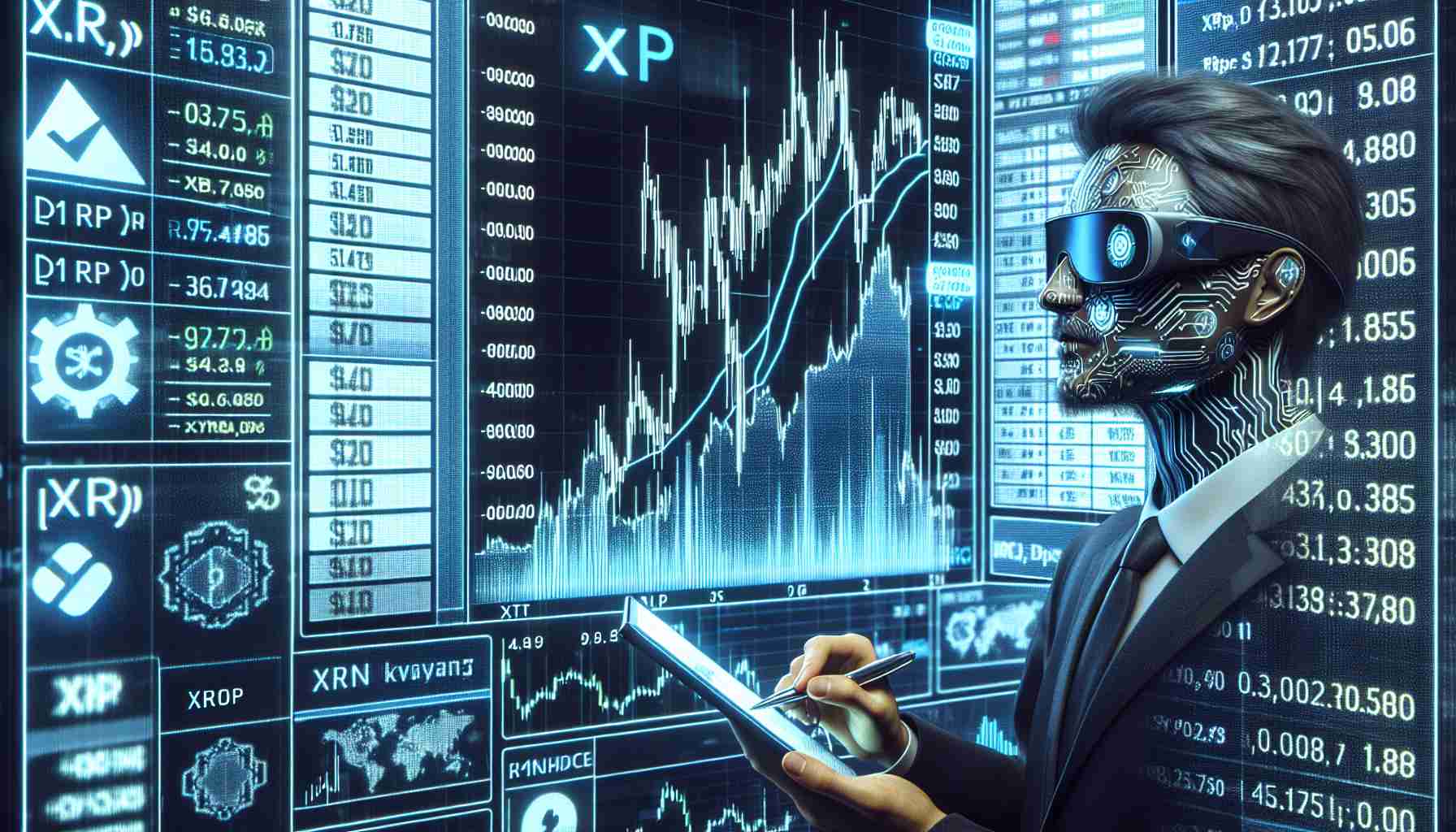 Generate a realistic, high-definition image of an unusual pricing display for the XRP cryptocurrency on a generic cryptocurrency exchange. This display is stirring speculation among investors and traders, with an unexpected spike in the price graph and some suspiciously high trading volumes.