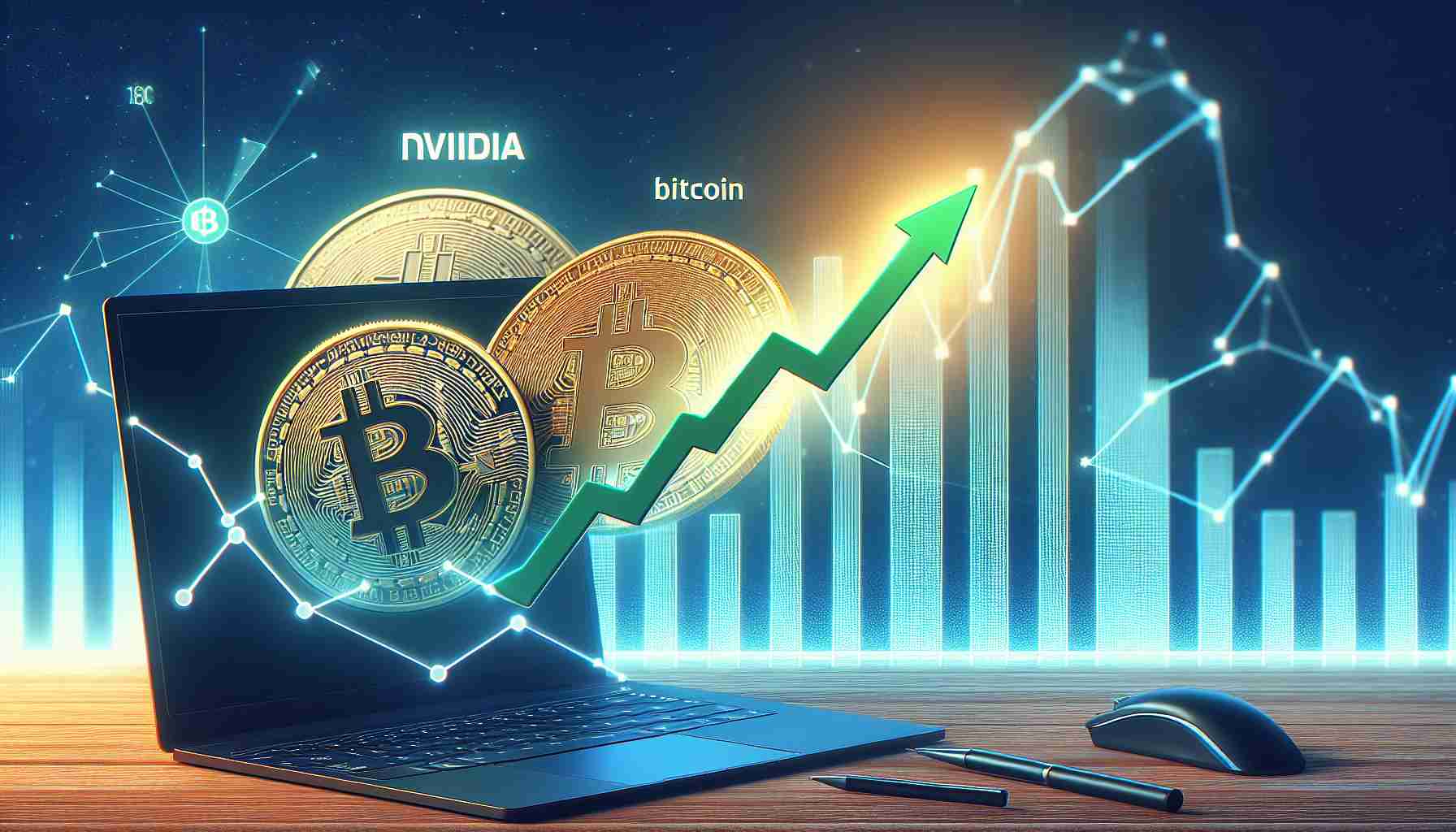 Create a realistic and high-definition image that visually represents the increase in search interest for 'Nvidia', as it surpasses 'Bitcoin' and 'Tech Giants'. This could be depicted as a rising graph or chart, with Nvidia's line surging upwards past the lines representing Bitcoin and Tech Giants.