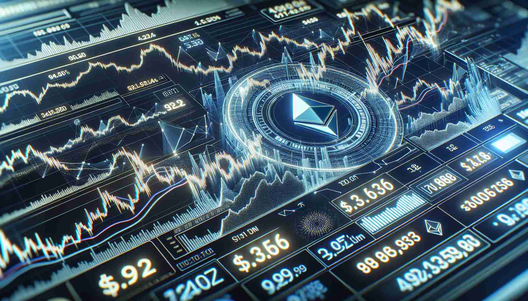 A highly detailed and realistic HD view of a stock market screen showcasing a surge in Ethereum's value and consequently leading a cryptocurrency market revival. The screen displays complex charts, numbers and trend lines indicating the increased value of Ethereum. There are numerous other smaller cryptocurrency tickers in the background showing a general uplift in the market. Please note this image is symbolic and doesn't represent any actual financial data.