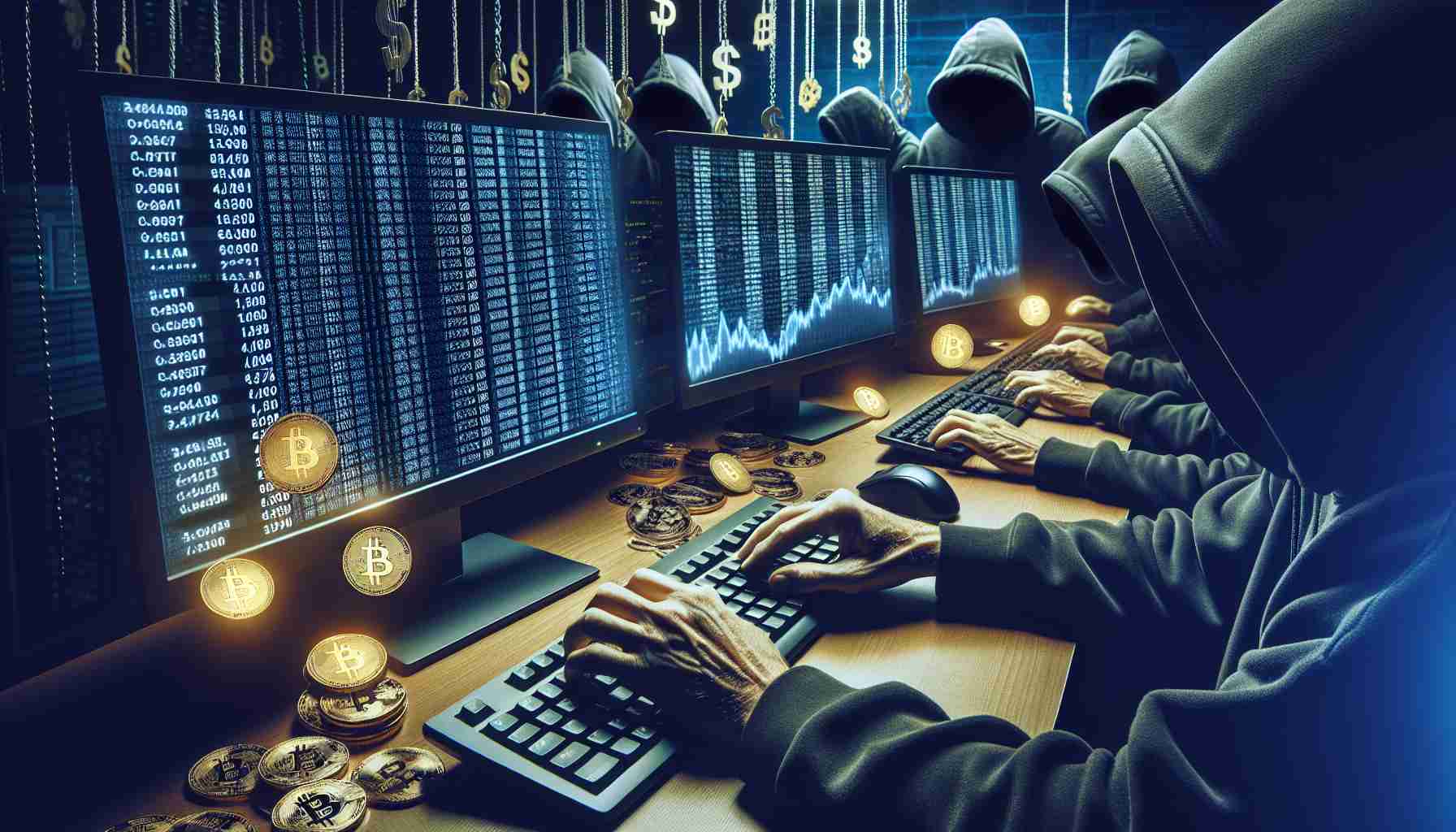 Create a realistic high-definition image depicting an obscure cryptocurrency exchange being compromised in a multi-million dollar cyber heist. The scene could include computer screens displaying rapidly plunging cryptocurrency values, ominous hooded figures hunched over keyboards under the dim light, and piles of digital currency symbols slipping through digital hands representing the breach.