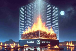 Generate a hyperrealistic, high-definition image that visualizes the concept of 'Terra Classic's Token Burn Exceeding 6.5 Billion'. It should depict a massive bonfire, perhaps with digital tokens replacing logs, soaring high against a night sky. In the foreground, a large transparent screen displaying the number '6.5 Billion' and the Terra Classic logo to symbolize the quantity of tokens burned. This should have a futuristic vibe, illustrating the abstract concept of cryptocurrency token burn in a tangible, visually captivating manner.