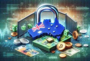 High definition and realistic photo showcasing the metaphor of Australia implementing strict measures on online betting payment methods. Capture a representation of Australia's map, perhaps with a padlock or a barrier symbolizing 'strict measures'. Also include representations of money and digital currencies to symbolize 'online betting payment methods'. Ensure the graphics communicate a serious attitude towards regulation and surveillance.