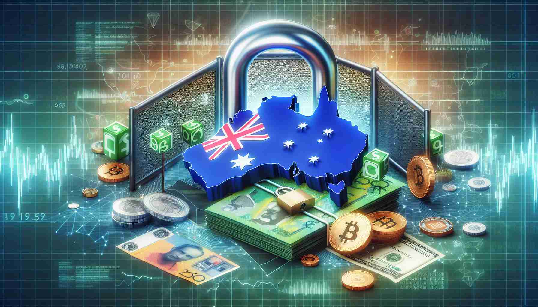 High definition and realistic photo showcasing the metaphor of Australia implementing strict measures on online betting payment methods. Capture a representation of Australia's map, perhaps with a padlock or a barrier symbolizing 'strict measures'. Also include representations of money and digital currencies to symbolize 'online betting payment methods'. Ensure the graphics communicate a serious attitude towards regulation and surveillance.