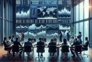 Generate a realistic, high-definition image depicting the scenario of a regulatory investigation on a high-frequency trading firm's cryptocurrency ventures. The scene should include a conference room with computer screens showing various complex financial graphs and data. On one side, there is a group of ethnically diverse individuals dressed in formal attire, representating the regulators. They are methodically reviewing documents and digital information. On the other side, there are representatives from the trading firm: a Hispanic woman and a South Asian man, showing a sense of concern. Please represent the tension and high stakes in the air.