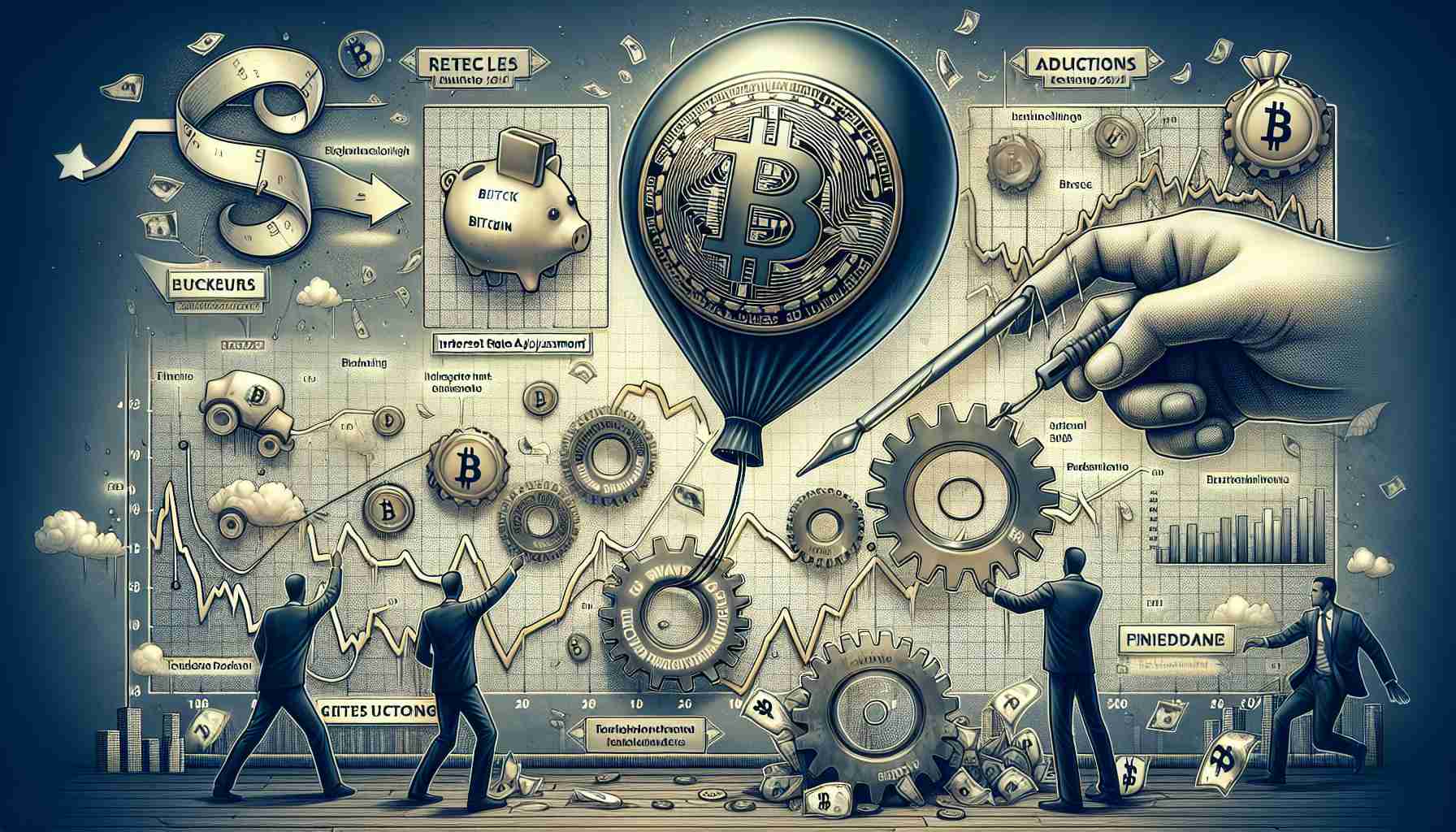 Visualize a detailed conceptual image that represents the link between decreasing Bitcoin price and the actions of the Federal Reserve, along with market dynamics. The image should include symbolic elements such as a deflated Bitcoin balloon, signs of Fed decisions like interest rate adjustment gears, and indications of shifting market trends such as fluctuating graphs. Consider also including a timeline that marks significant events to highlight the causality. Remember all elements should be depicted in a realistic and high-definition manner.