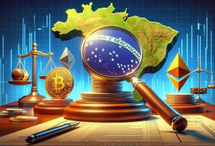 Realistic high definition illustration of a symbolic representation of Brazil intensifying its regulations on cryptocurrencies, embodied through imagery of probing into the operations of foreign exchange. Please depict a scene featuring relevant symbols such as Bitcoin, XRP, and Ethereum logos, a magnifying glass scrutinizing them, transactions records, and a map of Brazil. Introduce elements that indicate the concept of regulations like gavels, legal documents, or scales of justice.