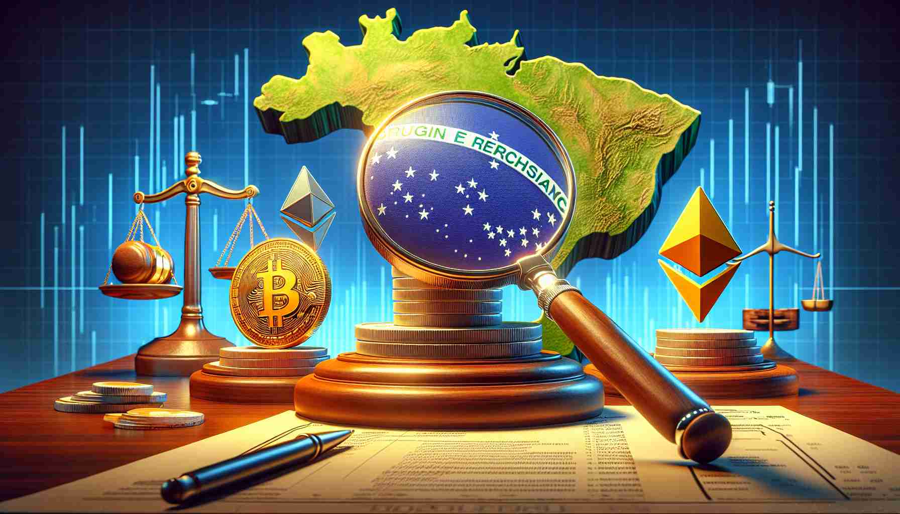 Realistic high definition illustration of a symbolic representation of Brazil intensifying its regulations on cryptocurrencies, embodied through imagery of probing into the operations of foreign exchange. Please depict a scene featuring relevant symbols such as Bitcoin, XRP, and Ethereum logos, a magnifying glass scrutinizing them, transactions records, and a map of Brazil. Introduce elements that indicate the concept of regulations like gavels, legal documents, or scales of justice.