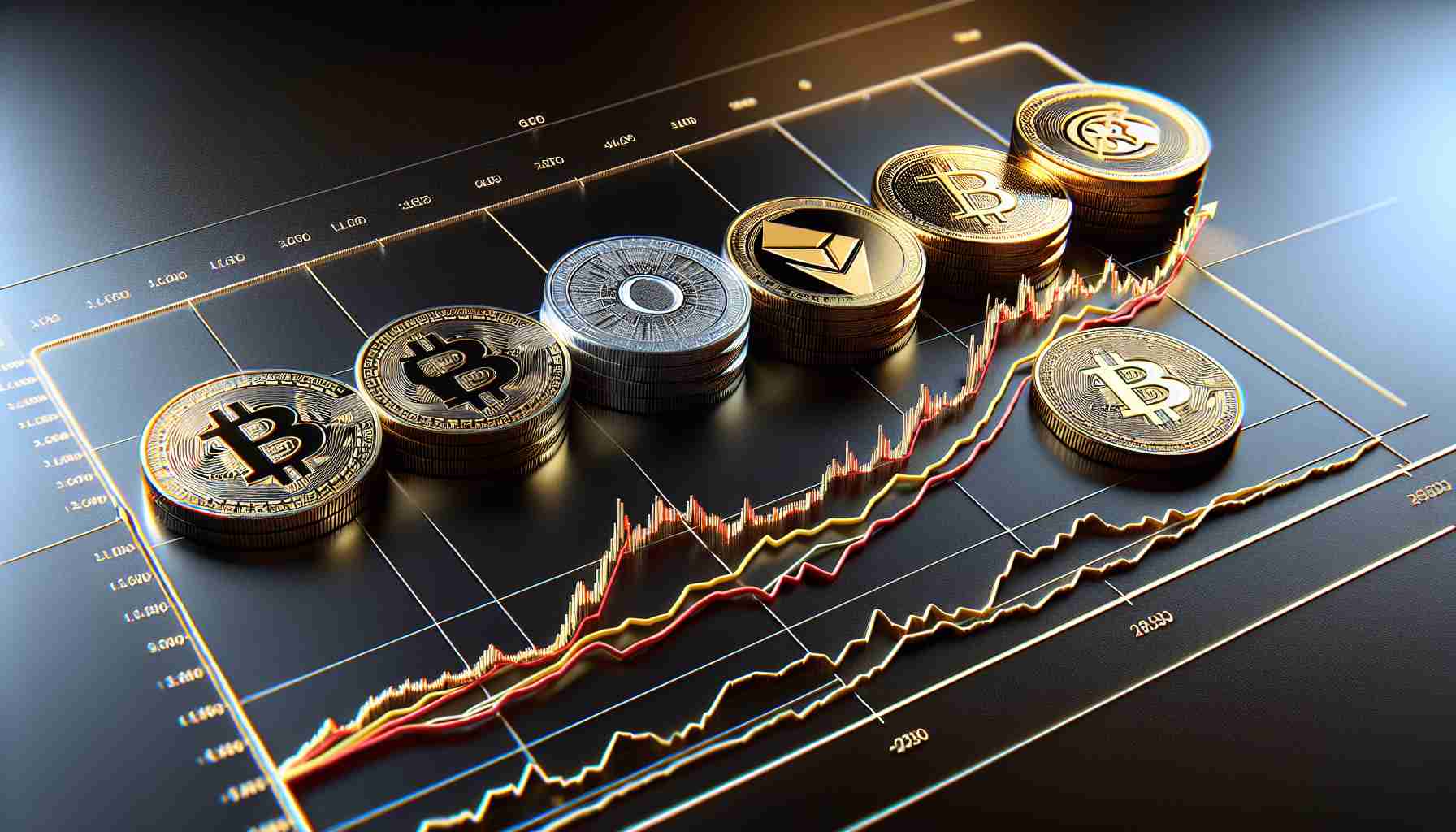 A high-definition, realistic depiction of cryptocurrency market trends. Display five different cryptocurrencies as symbolic coins with distinctive logos imprinted on them, each positioned on a graph to reveal their respective market performances. Coin one shows a steep rise, coin two shows a stagnant line, coin three demonstrates a slight but consistent growth, coin four shows a drastic drop, and coin five shows a zigzag pattern, symbolising its volatile nature. The details of the graph, such as the x and y-axis, should be well-defined, indicating time and value respectively.