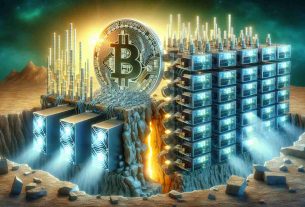 A high-definition, realistic illustration depicting a metaphorical scene of Bitcoin mining. On one side, an array of super computers, glowing screens showing intricate coding and symbols. These computers are symbolic of the miners, showing signs of overwork, with exhaust fans working overtime and code lines flicker and slow. On the other side, a giant, physical representation of the Bitcoin coin is visibly depreciating in value, signified by cracks and chips appearing on its surface, slipping into a chasm labeled 'below $63k'. The whole scene encapsulates a challenging period for cryptocurrency miners.