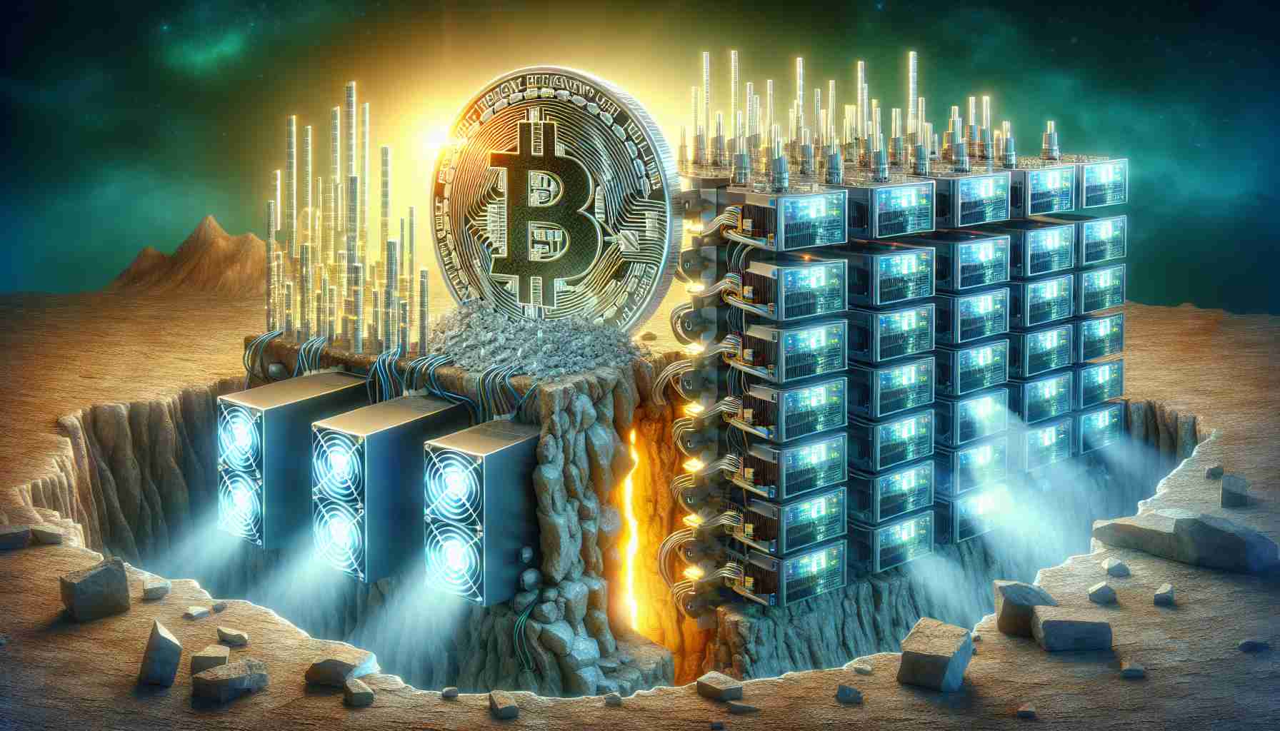 A high-definition, realistic illustration depicting a metaphorical scene of Bitcoin mining. On one side, an array of super computers, glowing screens showing intricate coding and symbols. These computers are symbolic of the miners, showing signs of overwork, with exhaust fans working overtime and code lines flicker and slow. On the other side, a giant, physical representation of the Bitcoin coin is visibly depreciating in value, signified by cracks and chips appearing on its surface, slipping into a chasm labeled 'below $63k'. The whole scene encapsulates a challenging period for cryptocurrency miners.