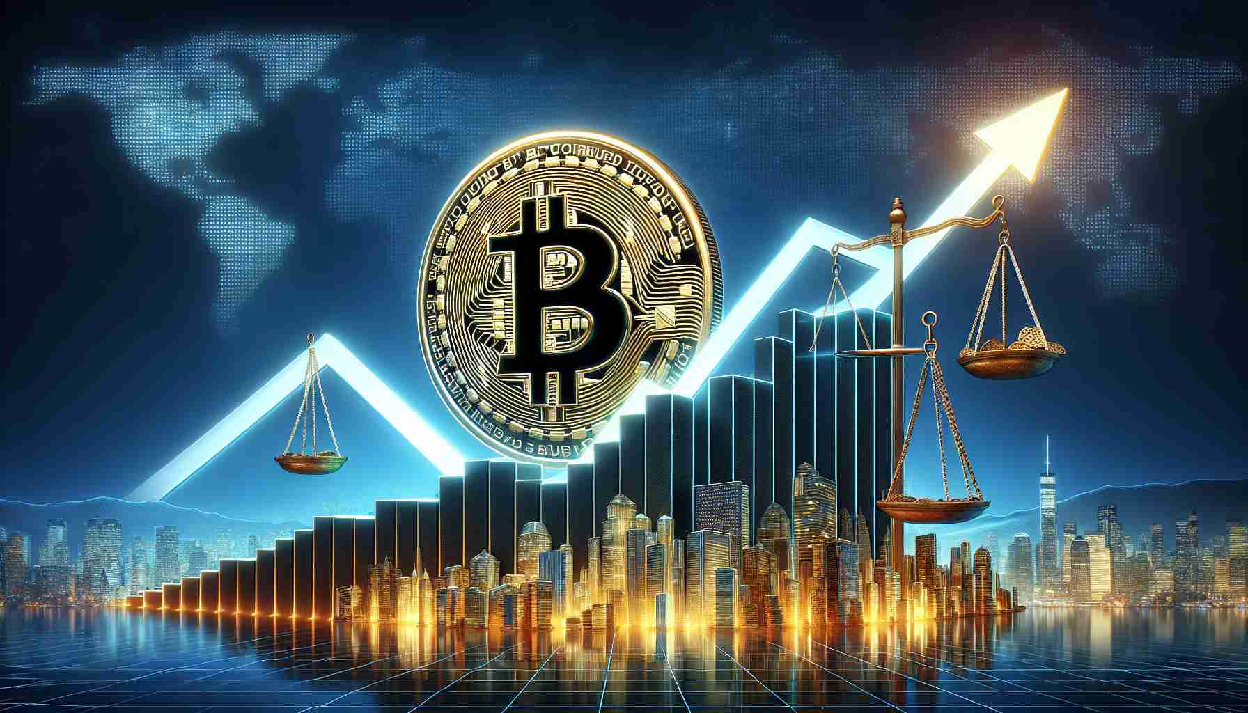 Generate a high-definition realistic image representing the concept of the cryptocurrency Bitcoin's value rising to $200,000. This could include imagery such as a Bitcoin symbol ascending a sloped graph line, scales tipping in favour of Bitcoin, or a futuristic cityscape skyline with buildings representing Bitcoin values, all to signify Bitcoin's predicted appreciation.