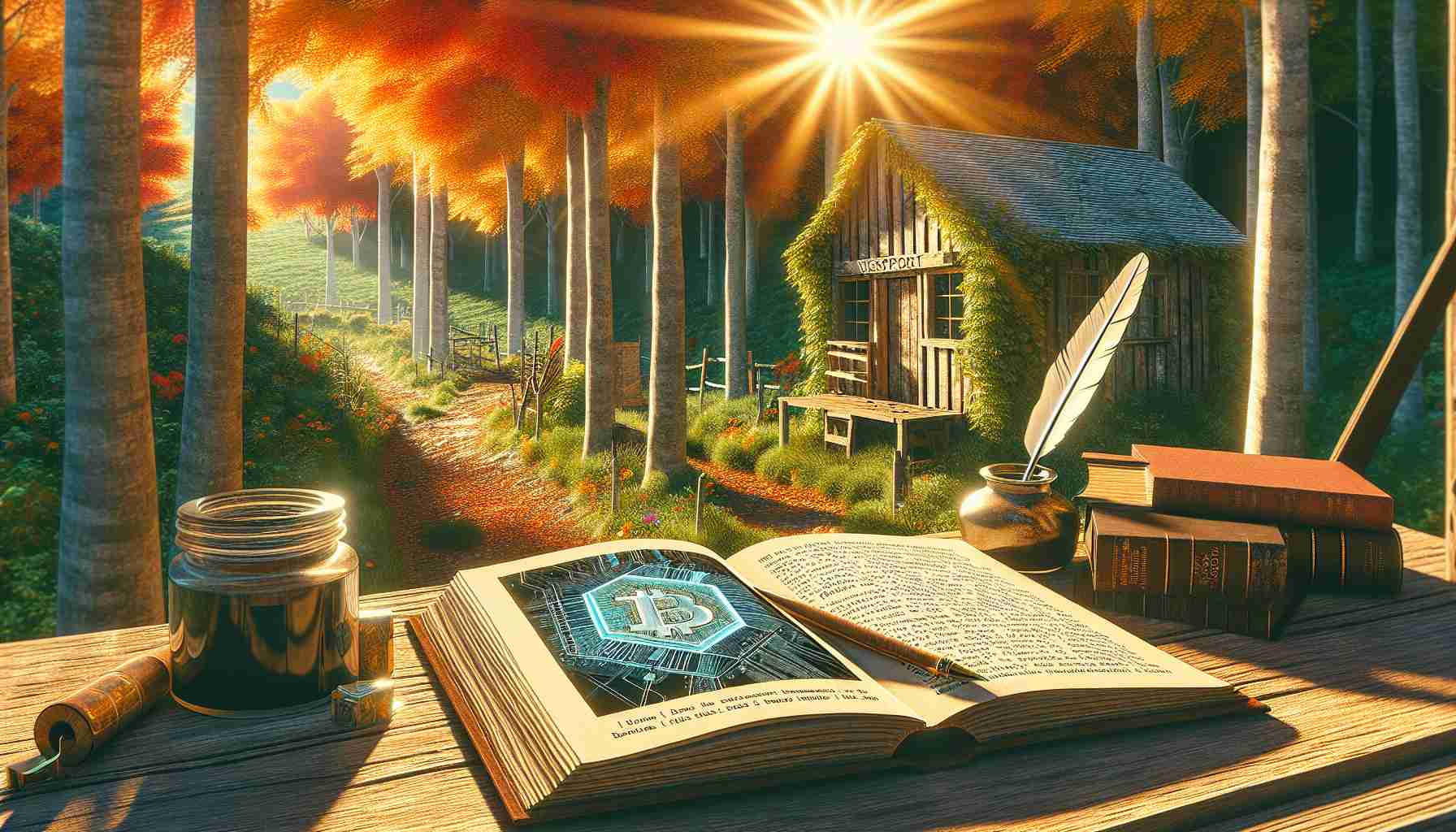 A very detailed, high definition image depicting a scene in Westport. There's a wooden writer's shed nestled among the vivid green trees. The autumn sun casts warm beams on an open book lying on an antique wooden desk. The book's pages contain elaborate diagrams and text about blockchain technology, symbolizing that the writer is shedding light on this complex subject in their new work. You can see a quill and inkpot besides the book, representing the writer's traditional tools.