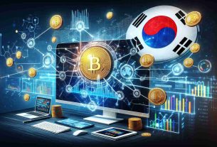 A highly detailed, realistic image depicting the concept of the digital currency platform known as OkayCoin expanding into the South Korean market. Include visual elements such as South Korea's flag, OkayCoin's symbolic logo, and a graphical representation symbolizing cryptocurrency staking services, using computer screens, digital charts, and line graphs for the latter. Please don't add any individuals or portray any real-world person in the image.