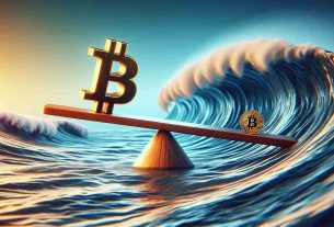 Realistic high-definition image conceptually representing the state of Bitcoin's market - questioning whether it is on a rise or decline. The scene should visually depict the theme of exploration and uncertainty of the future of Bitcoin. It could include symbolic representation like a Bitcoin logo on a tide, balancing between high waves and calm waters, or a seesaw teetering between a high and low point, encapsulating the fluctuating nature of the Bitcoin market.