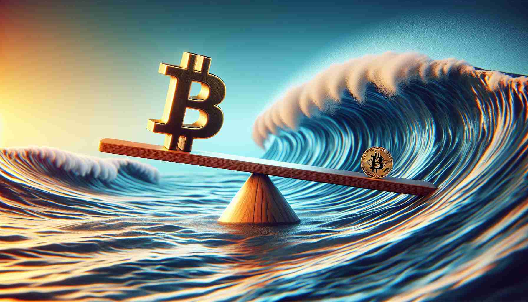 Realistic high-definition image conceptually representing the state of Bitcoin's market - questioning whether it is on a rise or decline. The scene should visually depict the theme of exploration and uncertainty of the future of Bitcoin. It could include symbolic representation like a Bitcoin logo on a tide, balancing between high waves and calm waters, or a seesaw teetering between a high and low point, encapsulating the fluctuating nature of the Bitcoin market.