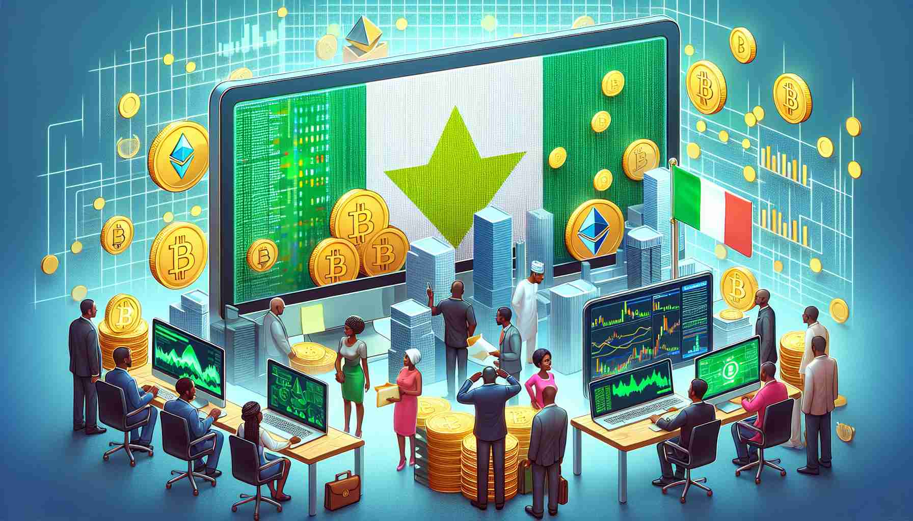 A high definition, realistic image showcasing the symbolic representation of the crypto advancements in Nigeria. The scene might include Nigerian flags, computer screens displaying various cryptocurrencies such as bitcoin, ethereum, digital wallets, cryptographic charts and graphs. People of diverse Nigerian ethnicities are seen engaging in crypto trading, showcasing a thriving environment. Please note that this is a symbolic representation, with an emphasis on the technological and progressive elements of the cryptocurrency movement in Nigeria.