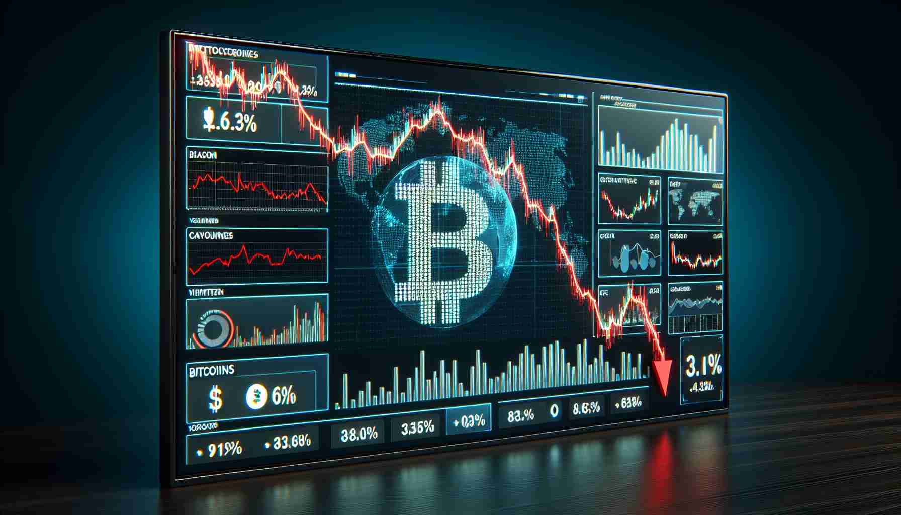 A realistic high-definition image displaying a screen showing a downturn in the cryptocurrency market. There should be various graphs and charts indicating a downward trend, with the focus on Bitcoin struggling. The visualization should reflect a drop in market prices and negative sentiment ripple across the various cryptocurrencies.