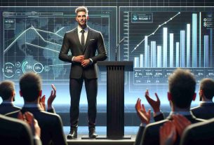 Realistic HD image of a charismatic tech entrepreneur with short fair hair, standing at a podium announcing the significant growth milestone for a futuristic tech platform. The entrepreneur is wearing a black suit with a white shirt and black tie, and to his right is a large screen showing a bar graph that depicts a significant increase. He exhibits a confident, successful demeanor. The audience members, some clapping their hands, are visible in the foreground.