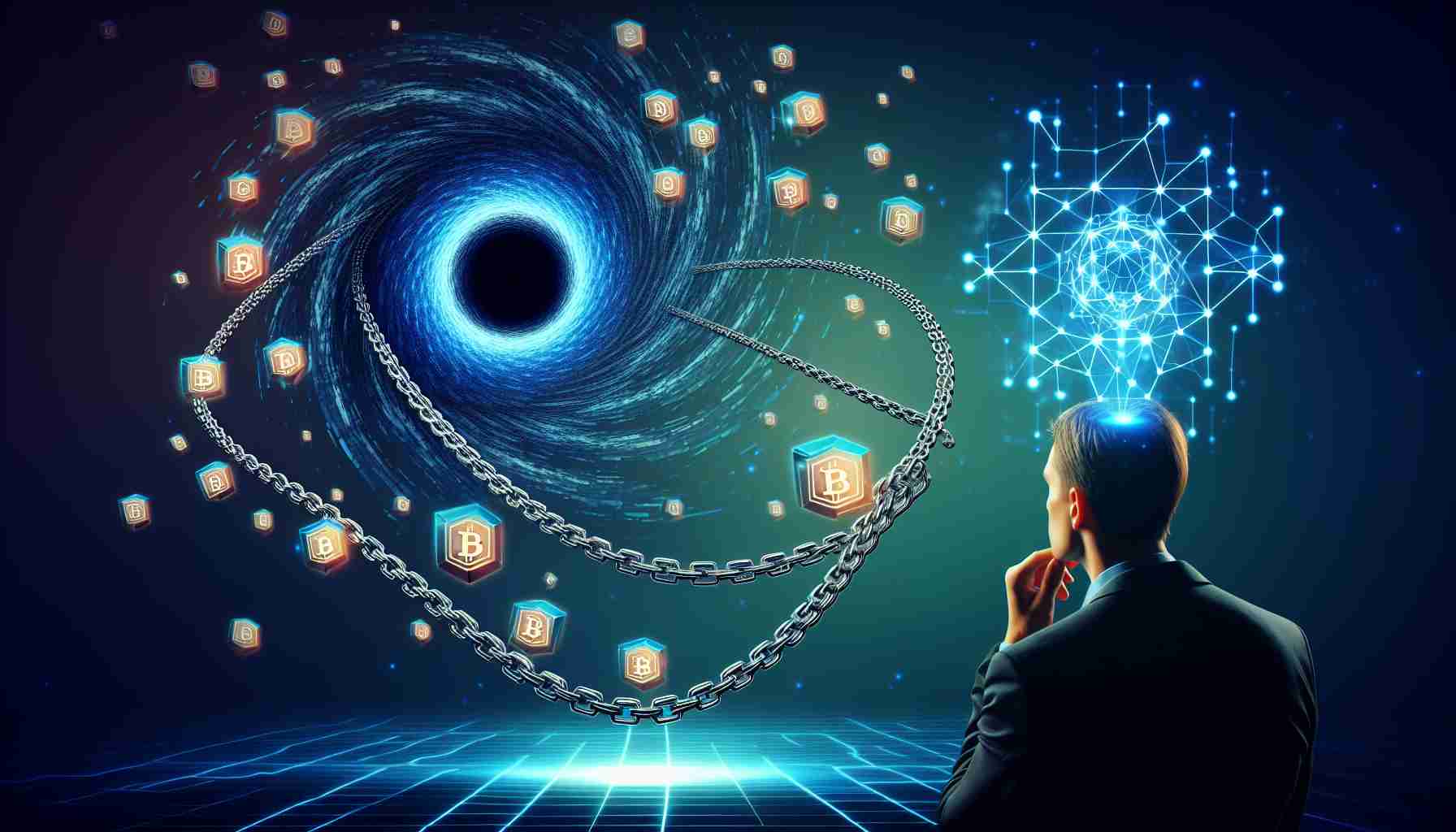 Generate a realistic HD image capturing the abstract concept of Wormhole Innovates collaboration with a high-ranking government official V2 to improve cross-blockchain transactions. The image could include an array of blockchain chains interconnected by a wormhole, symbolizing the cross-chain transactions, while an abstract representation of a government authority figure observes the entire process intently.